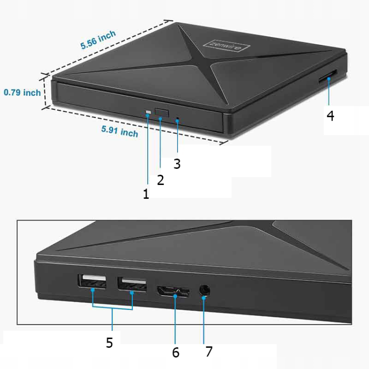 Przenośny zewnętrzny napęd DVD-CD RW HUB USB-C USB 3.0 Zenwire 4w1 Czytnik kart SD Zenwire SY885 - zdjęcie 6