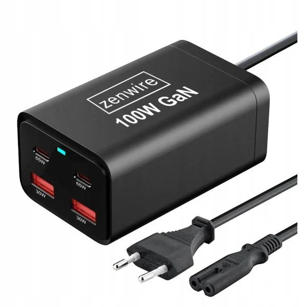 Ładowarka Sieciowa Zasilacz 100W Kostka GaN III Kabel AC 2x USB-C 65W 2x USB-A Zenwire YMS-608 - zdjęcie 1